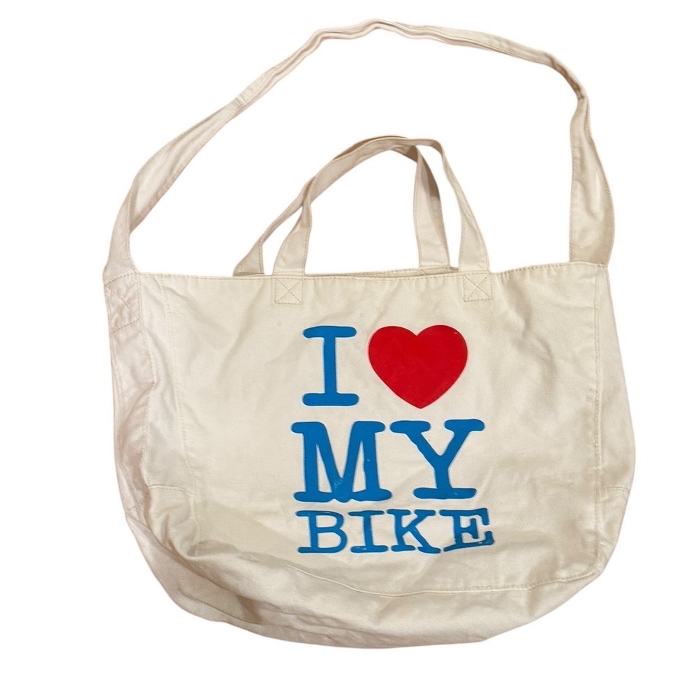 American Eagle Outfitters I Love My Bike Canvas Tote Bag Cream Blue Red Graphic